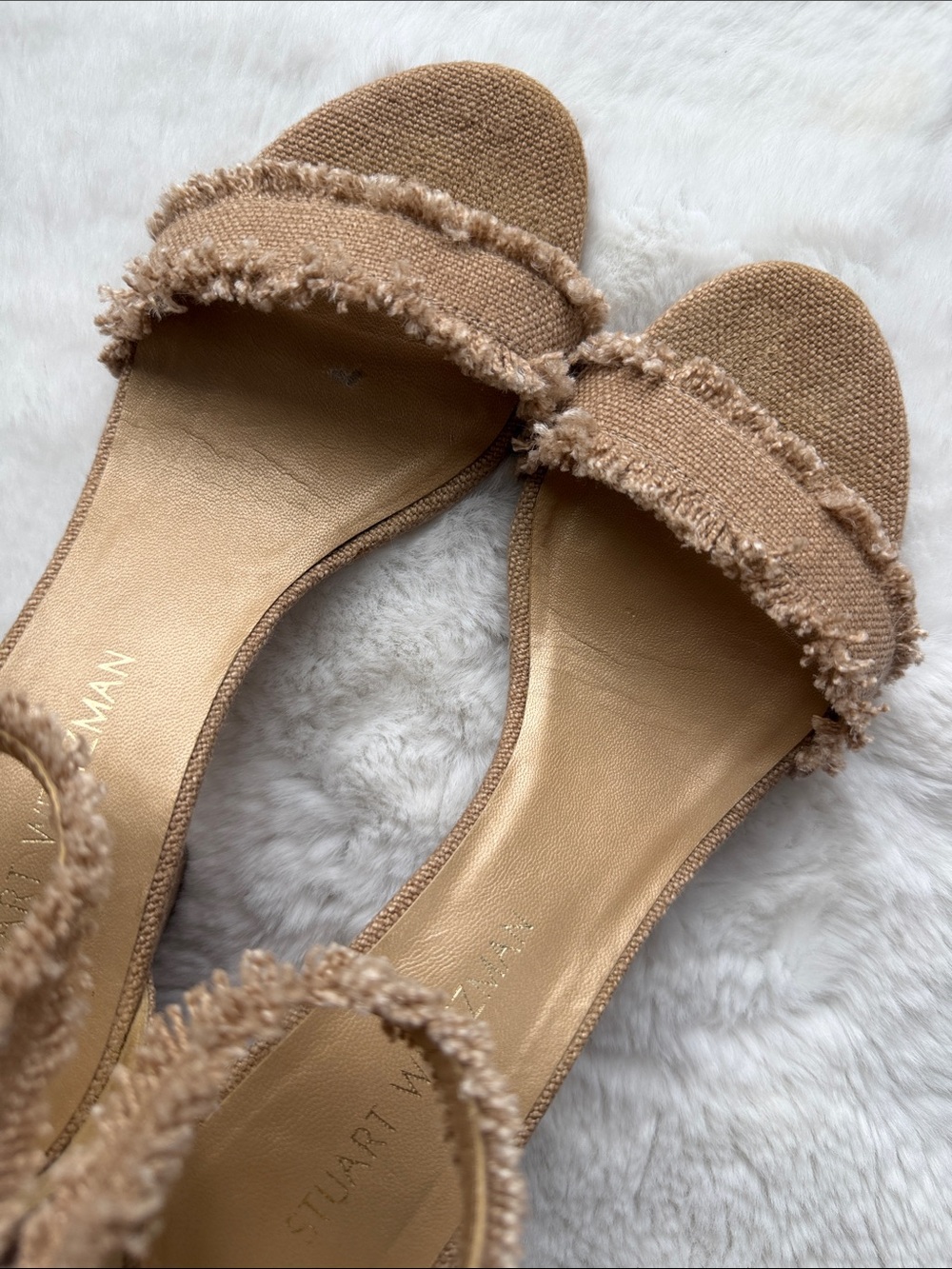 Stuart Weitzman Frayed Ankle-Strap Block Heels in Tan size 9